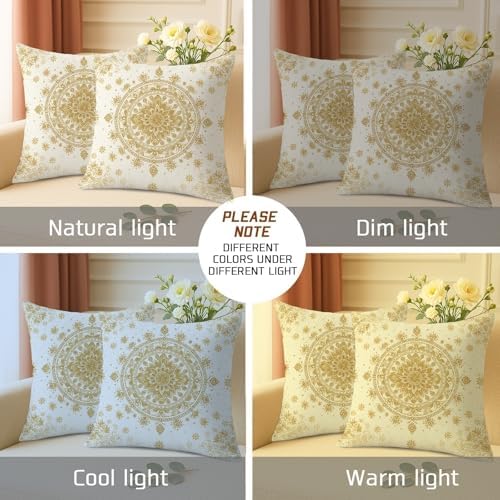 Bohemian Throw Pillow Covers Set of 2, Cream and Gold Floral Mandala