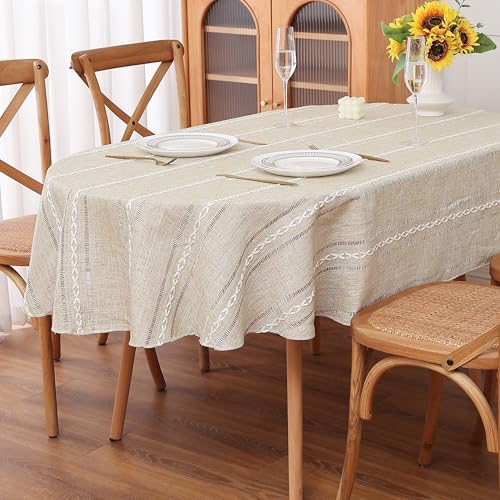 Striped Cotton Linen Oval Tablecloth 84" x 54" Brown