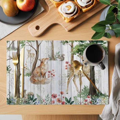 Placemats Set of 8, Spring Forest Animals Woven Placemat, Linen Place
