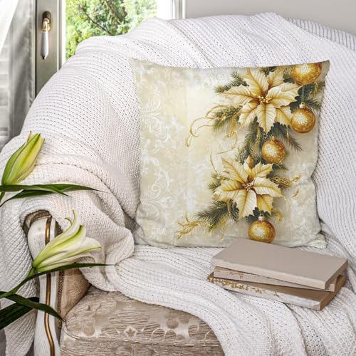 Christmas Pillow Covers Set of 2, Gold and Cream Holiday Floral Throw