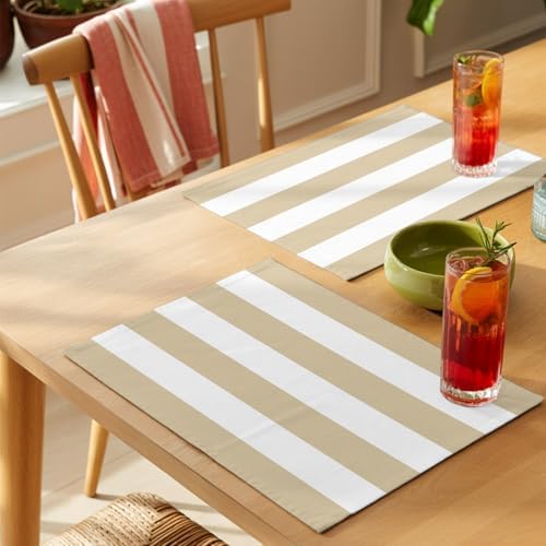 Round Placemats Set of 12 Beige Stripe Place Mats Rustic Neutral