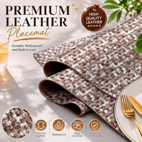 Faux Leather Placemats Set of 6, Reversible Patterned Table Mats