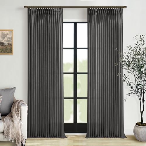 Dark Grey Pinch Pleat Linen Light Filtering Privacy Curtains 108 Inch