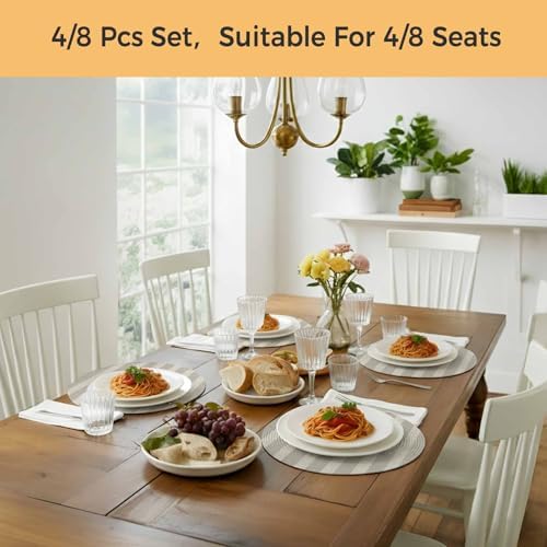 Rustic Gray Beige Stripes Round Braided Placemats Set of Set of 8 Heat
