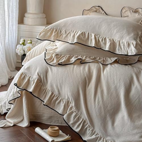 Linen Cotton Duvet Cover King,French Ruffled Bedding Set 3pcs