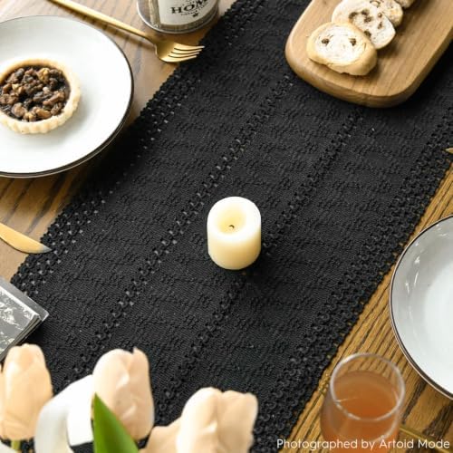Artoid Mode Black Woven Farmhouse Hollow Table Runner 12x120 Inch
