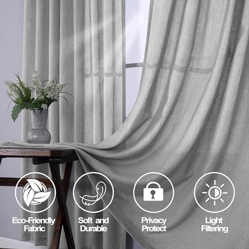 Mrs.Naturall Light Grey Linen Curtains 108 Inches Long, Back Tab 9 FT