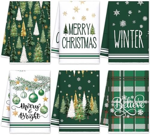 Oudain 6 Pcs Christmas Kitchen Towels Green Plaid Xmas Tree Tea