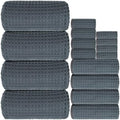 16 Piece Thick Dark Grey Waffle Bath Towel Set, 100% Cotton