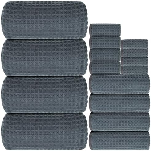 16 Piece Thick Dark Grey Waffle Bath Towel Set, 100% Cotton