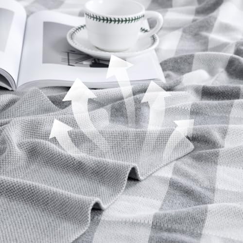 BOV Knit Throw Blanket 50x60, Decorative Checkered Throw, Heather Gray