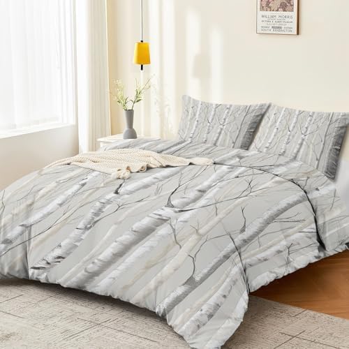 Duvet Cover Set, Grey Minimalist Natural Tree Pattern Bed Sets, Ultra