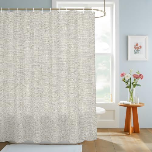Shower Curtain Bathroom Set Beige Linen Texture Waterproof Fabric