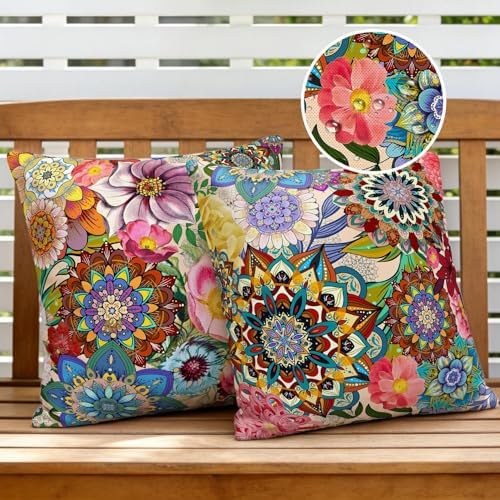 Outdoor Pillow Covers 18x18 Boho Floral Waterproof Throw Pillow
