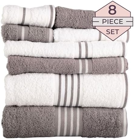 Lavish Home Rio 8 Piece 100% Cotton Towel Set - White & Silver