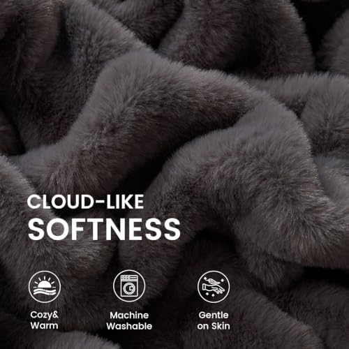 Amelie Home Ruched Bubble Faux Rabbit Fur Throw Blanket Charcoal Gray