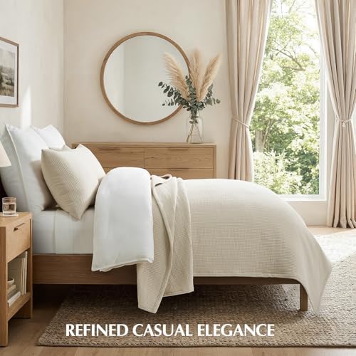 EverGrace Cotton Gauze Matelassé Coverlet Set, King Size, Soft Oat