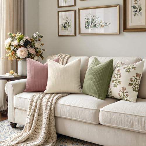 MIULEE Set of 2 Cream Textured Striped Throw Pillow Covers 20x20 Inch