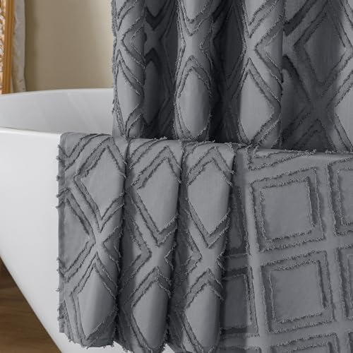 OWENIE Grey Shower Curtain Set, Jacquard Geometric Textured Fabric