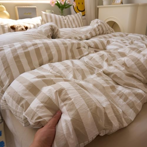 VM VOUGEMARKET Khaki Striped Duvet Cover Set,Queen(90"x90"),Khaki