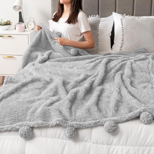 PAVILIA Soft Sherpa Twin Blanket Pom Pom for Couch Bed, Light Gray