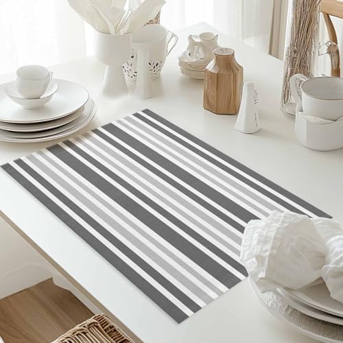 Gradient Gray Stripe Placemats Set of 8, Geometric Washable Cotton