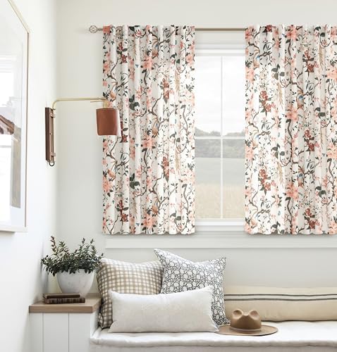 Beige White Floral Bird Linen Curtains 63 Inch 2 Panels for Living