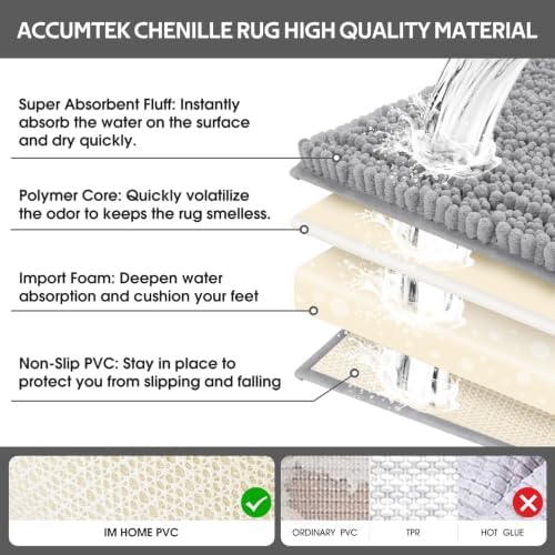 ACCUMTEK Upgrade Extra Large Light Grey Bathroom Rug Set 3 Pieces Gray