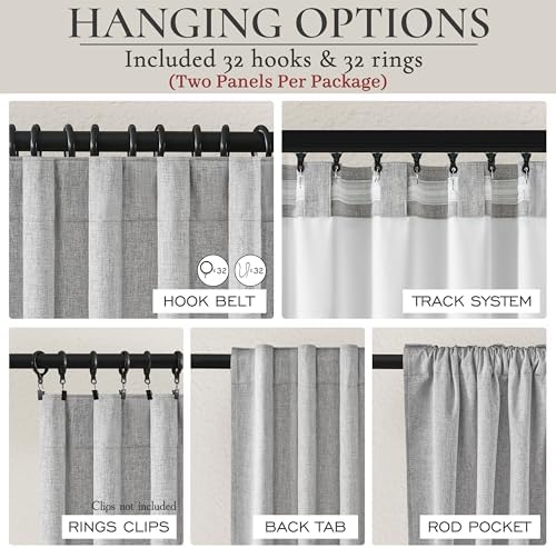 Gray 100% Black Out Linen Curtains 120 Inches Long 2 Panels Set for