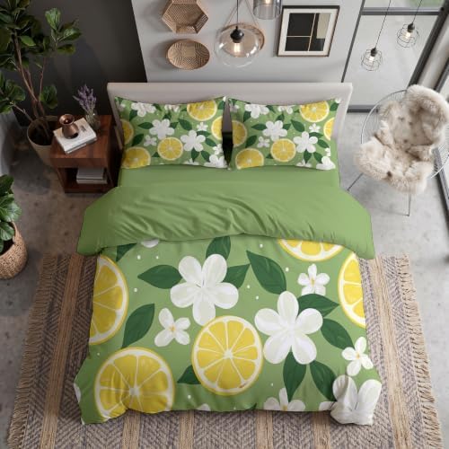 Sage Green Cartoon Lemon Slice Floral Duvet Cover Set for Women Girls