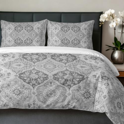Duvet Cover Full Size, Grey Boho 3-Piece Bedding Quilt/Comforter