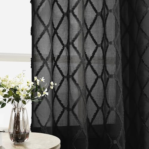 Black Sheer Curtains 96 Inches Long for Living Room 2 Panels Back Tab