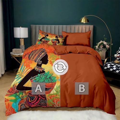 King Duvet Cover Set African Woman Geometric Flowers Soft Microfiber