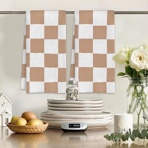 Beige and White Plaid Checkered Hand Towels Set of 2,Waffle Weave Soft
