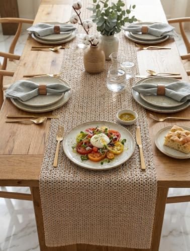 Cologne Grey Jute Table Runner 16x90 Inch, Farmhouse Boho Table Runner