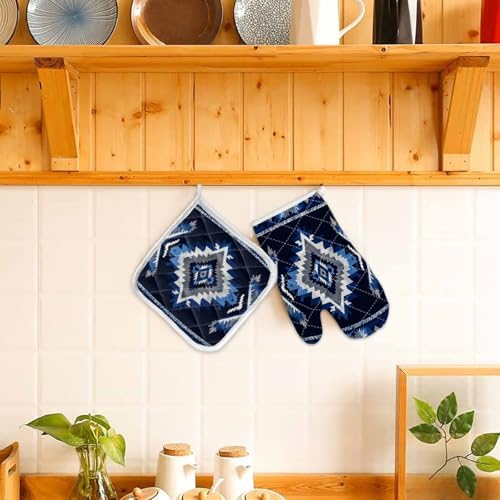 Quilted Cotton Terry Cloth Oven Mitt, Pot Holder Navy Blue Grey