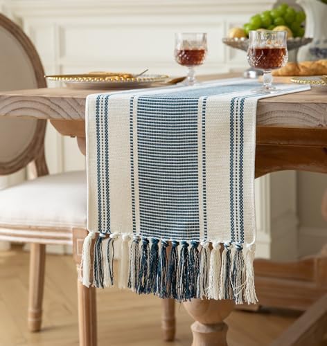 Caflife Boho Table Runner Blue and White for Modern Farmhouse