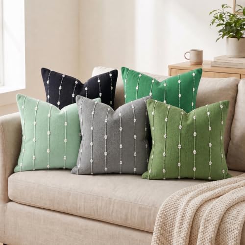 AVOIN colorlife Olive Green Boho Linen Throw Pillow Covers 22x22 Inch
