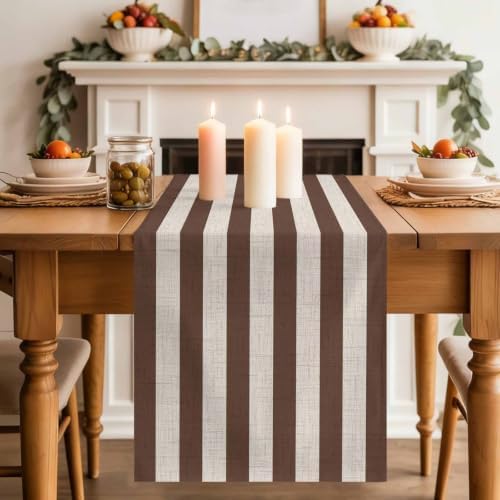 Taupe Brown Stripe Beige Striped Table Runners 90 Inches Long, Modern