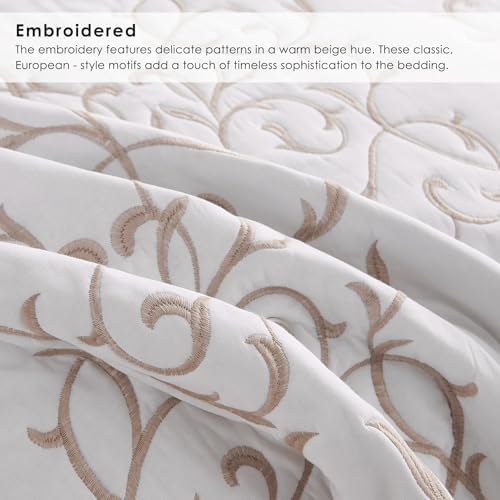 Querencia Cotton Quilt King Size - Embroidered Beige Quilt Tan Cotton