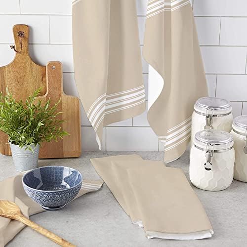 Kitchen Towels or Dish Towels, Khaki White Stripe 18 X 28 Inches