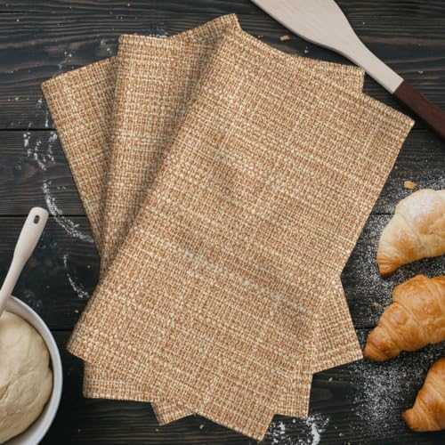 Tan Linen Kitchen Towels Set of 3, Rustic Boho Natural Sand Fiber