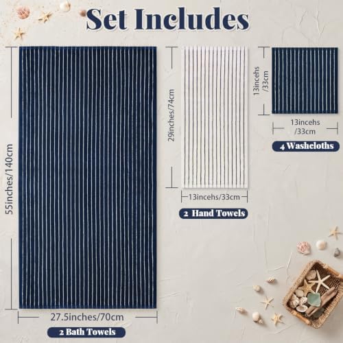 8-Piece Navy Blue and Ivory Towel Set, Cotton Striped Towels for