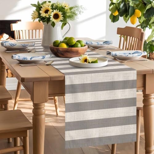 Gray Stripes Linen Table Runner 72 Inches Long, Minimalist Rustic