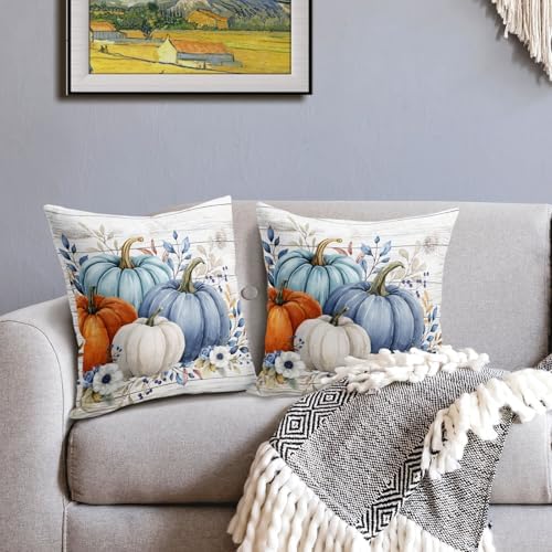 Fall Pumpkin Floral Throw Pillow Covers 22x22 Inch Blue Teal Orange