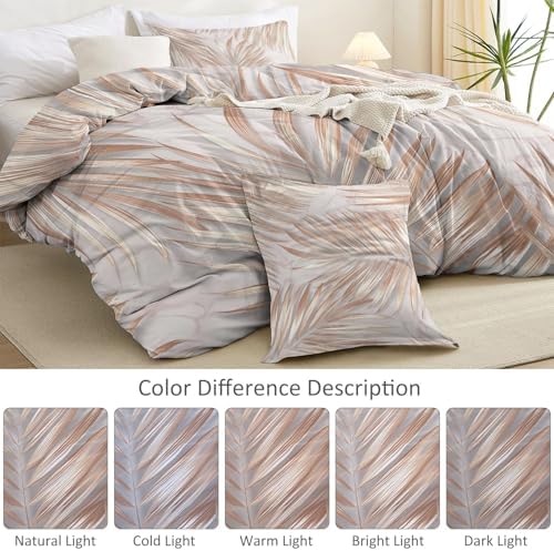 Duvet Cover Set Plants 3D Minimalist Palm Leaves - Light Gray Soft