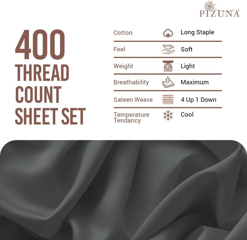 Pizuna 100% Cotton Sheets Set King 400 Thread Count Dark Grey