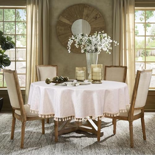 Cotton Linen Round Tablecloth, Farmhouse Dust-Proof,Soft and Wrinkle