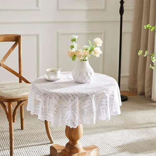 LinenZone 90 White Lace Round Tablecloth. (Amelia 90 Round, White)