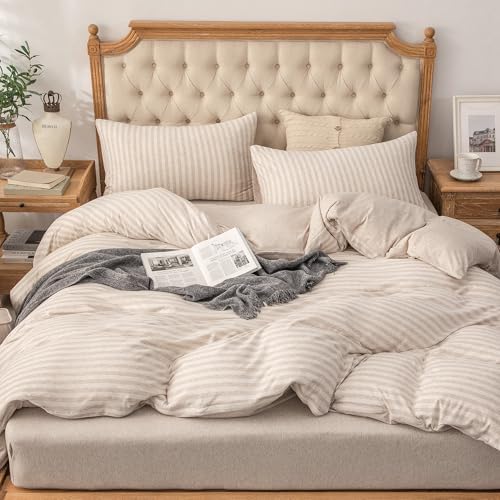PURE ERA Jersey Duvet Cover Set Heather Beige Stripe Full